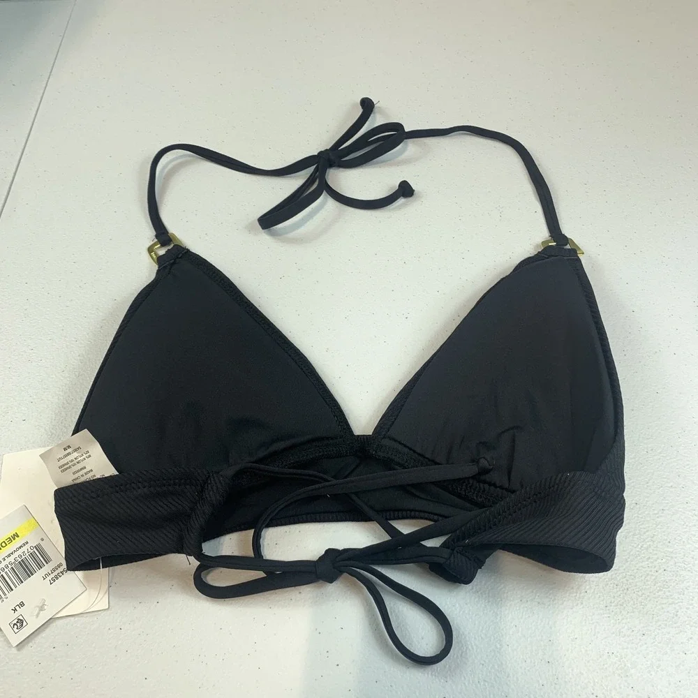 Becca Women's‎ Bikini Swim Top M Modern Edge Textured Ribbed Halter Black String